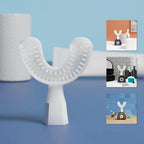 White dental device on a blue background with inset images showing its use in different settings.