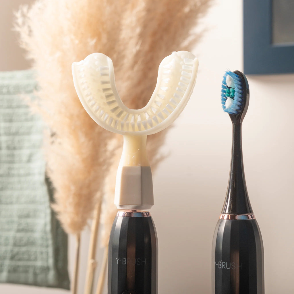 view of brush heads for the Y-Brush DuoBrush electric sonic toothbrush